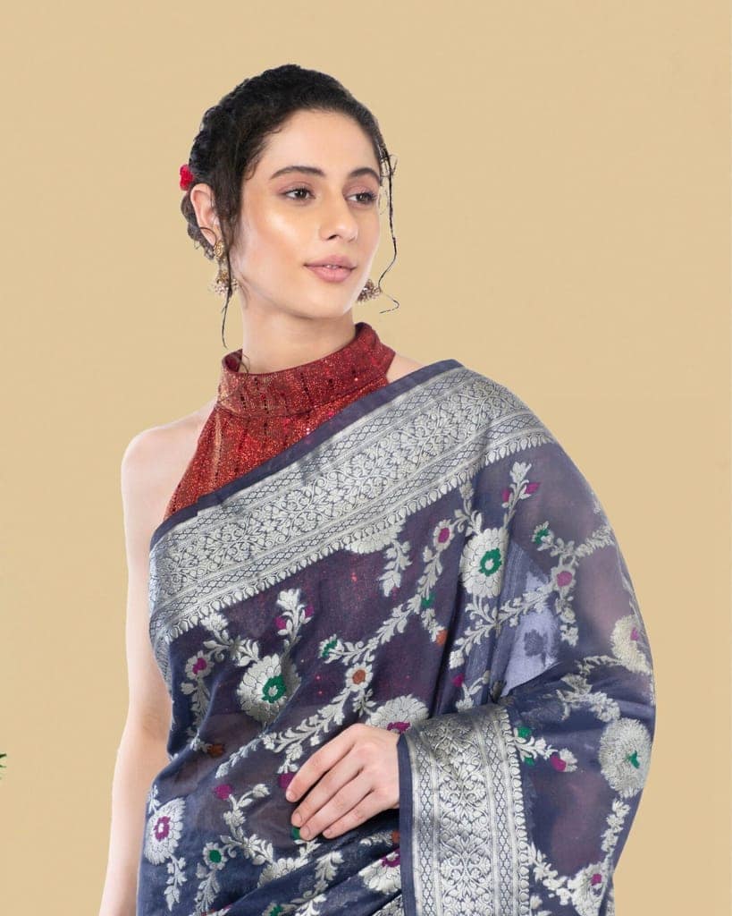Katan Banarasi Silk Saree Mulled Wine Violet Color with running blouse-4602 view 4