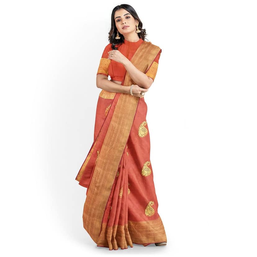 Golden Red Color Big Mango Butta Saree with Unstitched Blouse view 2