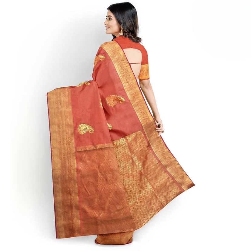 Golden Red Color Big Mango Butta Saree with Unstitched Blouse view 4
