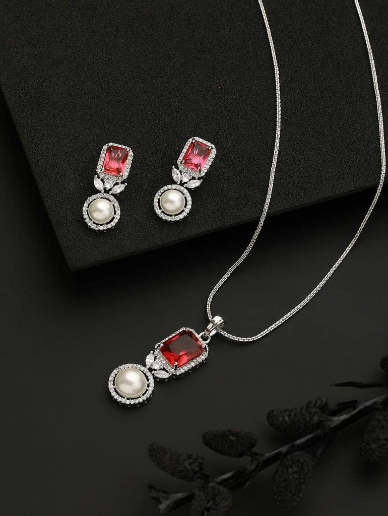 Silver Plated Red CZ Studded Pearl Beaded Minimal Locket jewellery Set view 4
