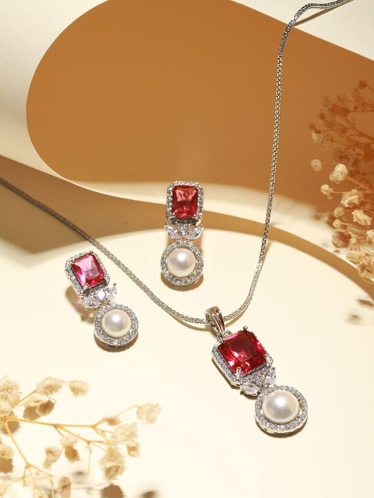 Silver Plated Red CZ Studded Pearl Beaded Minimal Locket jewellery Set view 7