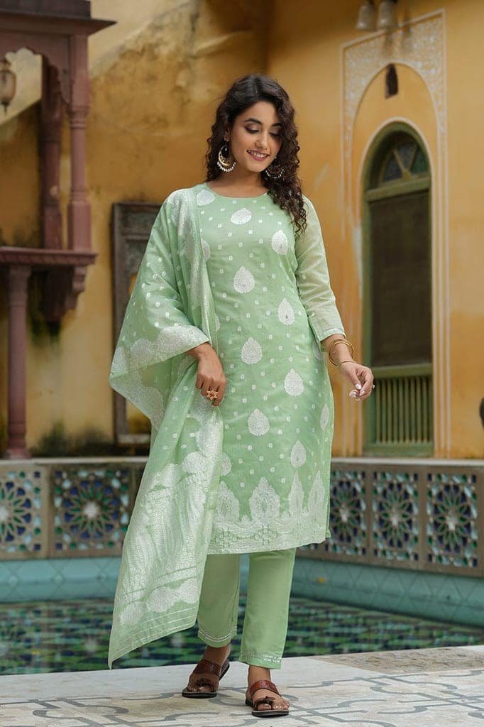 Light Green Poly Chanderi Ethnic Motifs Straight Suit Set PKSKD1178