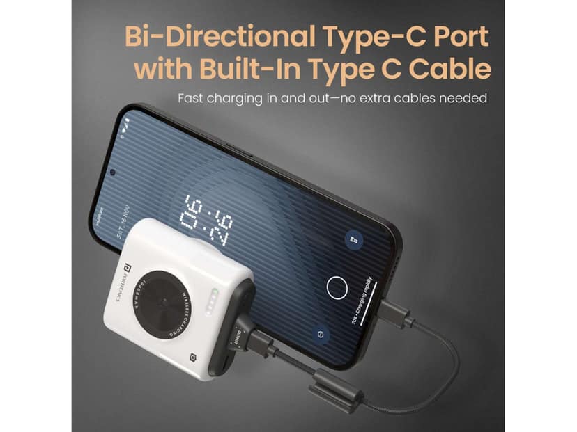 Portronics Moji 10 10000mAh mini Powerbank, Detachable Type C Cable, LED Indicator, 20W Wired Output - White view 3