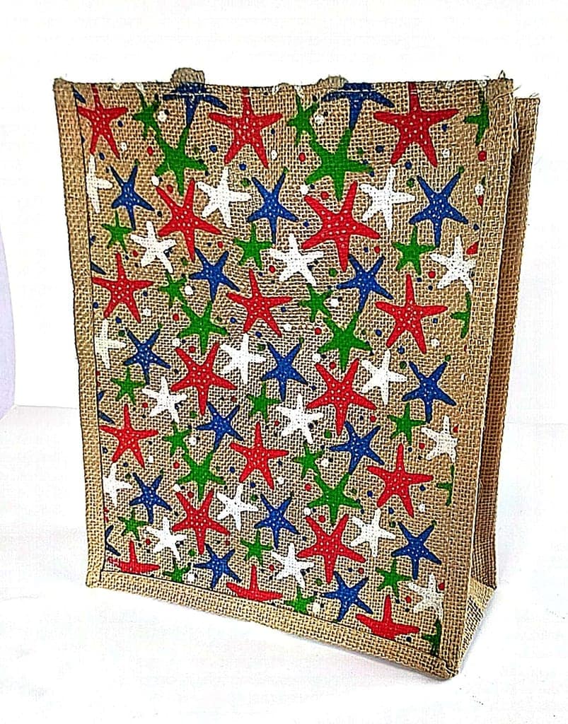 Colorful starfish printed jute tote bag view 3