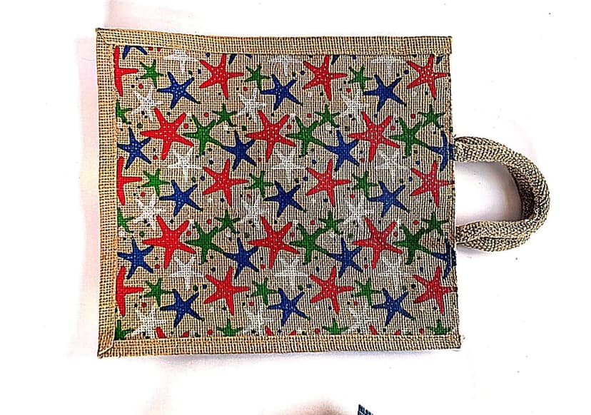 Colorful starfish printed jute tote bag view 4
