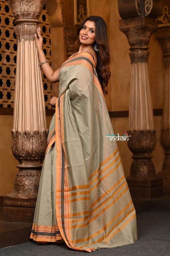Parampara ~ Pure Cotton Blend Saree in Regal Cascade Grey with Exclusive Zari Border & Pallu view 2