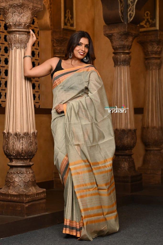 Parampara ~ Pure Cotton Blend Saree in Regal Cascade Grey with Exclusive Zari Border & Pallu view 4