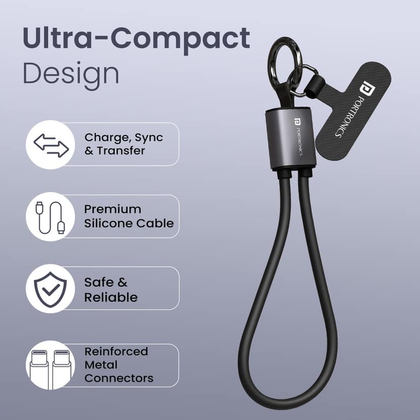 Portronics Velin 60W Type-C to Type-C Fast Charging Cable with Organizer Strap & Keychain, 60W Max Output, Premium Silicon Cable, Built-In Cable Organizer Strap - Black view 4