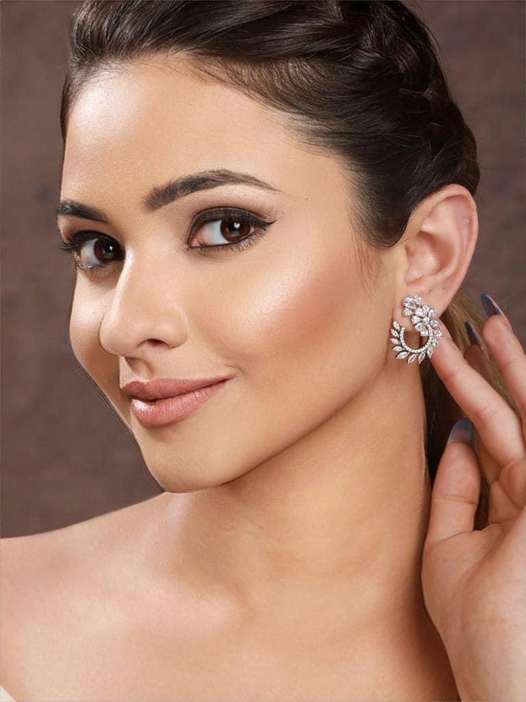 Silver Toned CZ Studded Hoop Studs earrings view 2