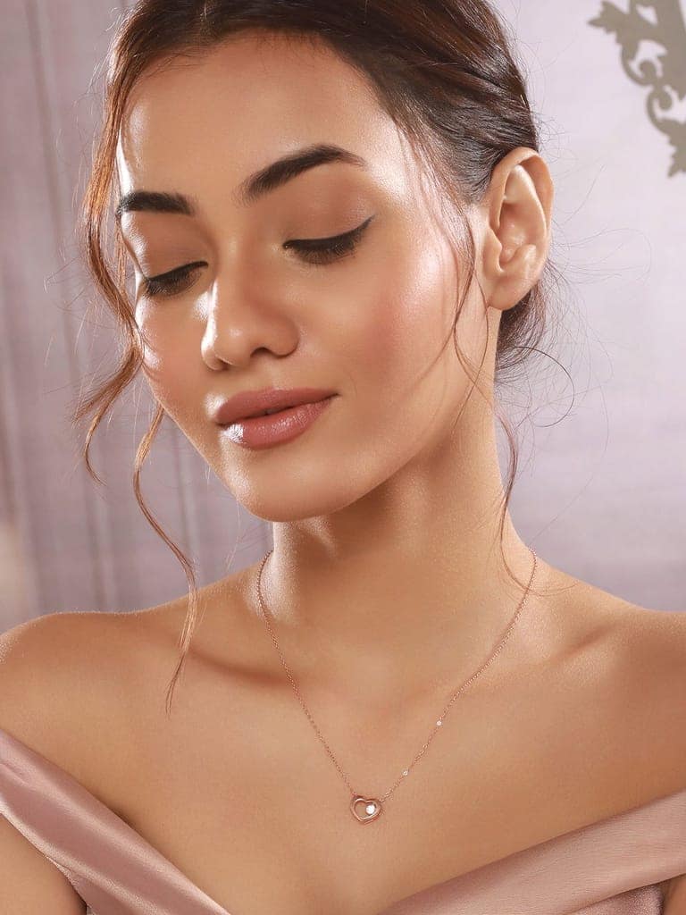 925 Sterling Silver Rose Gold Plated Minimal Charms Heart Pendant Necklace & Chain view 3