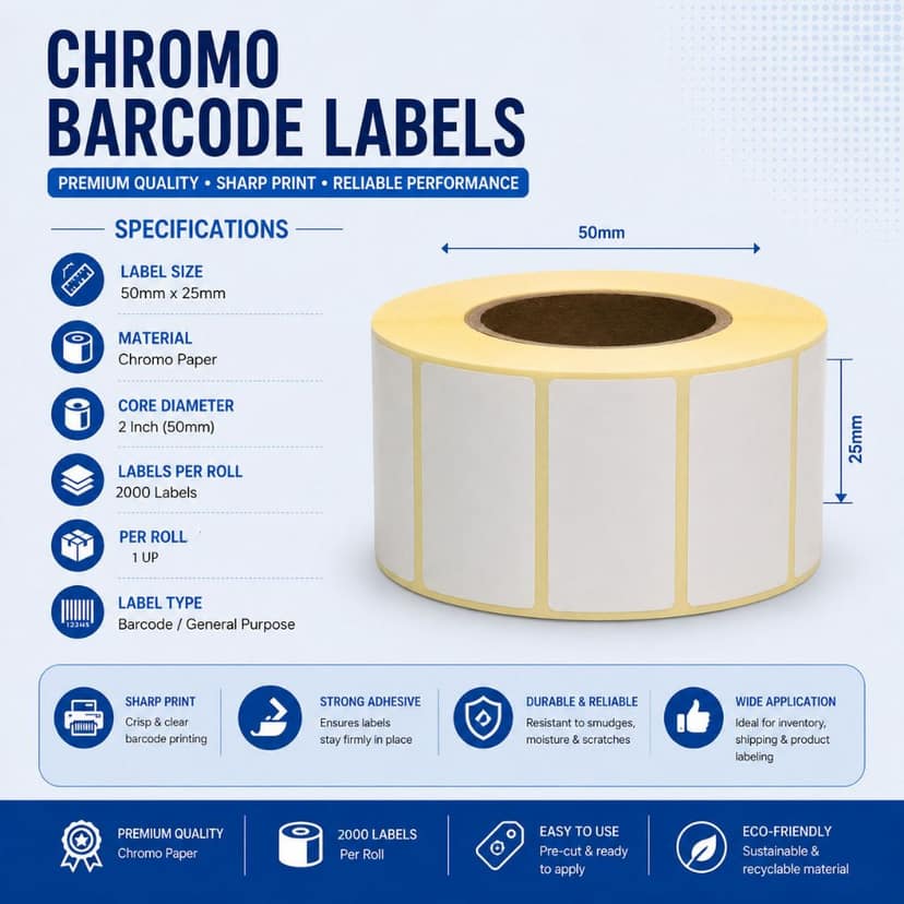 Chromo Barcode Labels – 50mm x 25mm | 2000 Labels per Roll | Self-Adhesive White Paper Label view 3