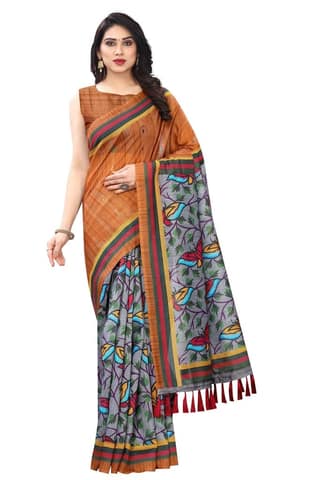 Silk Zone Women's Ajrakh Kalamkari Cotton Digital Printed Tassel Saree with Blouse Piece