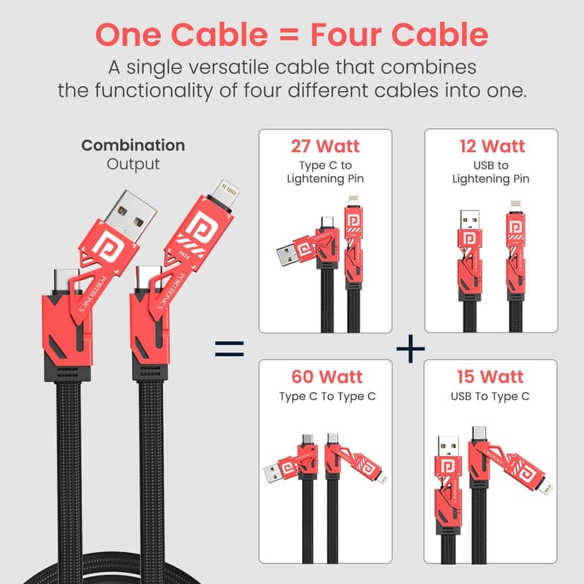 Portronics Procharge 4 60W 4-In-1 Multifunctional Fast Charging Cable With Multiple Port & Metal Zinc Alloy Head, Tangle Free Flat Cable, Type C to Type C, Lightening, USB A, Fast Data Sync view 2