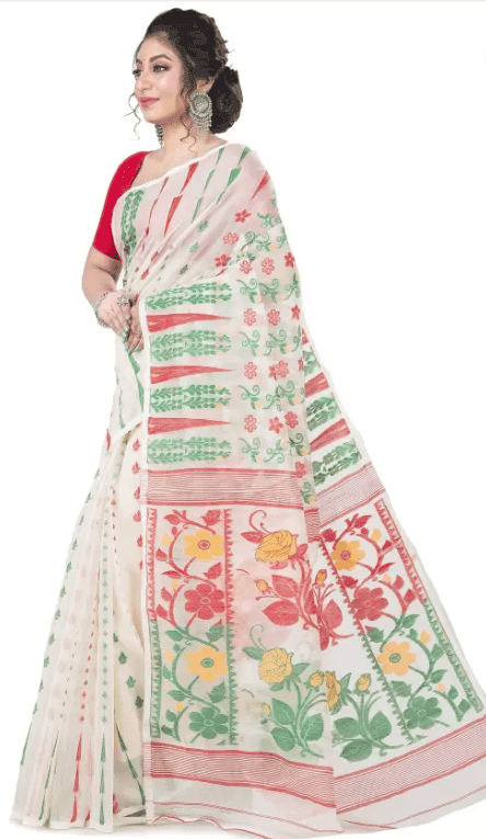 Self Design Jamdani Cotton Blend Saree (Red) view 2