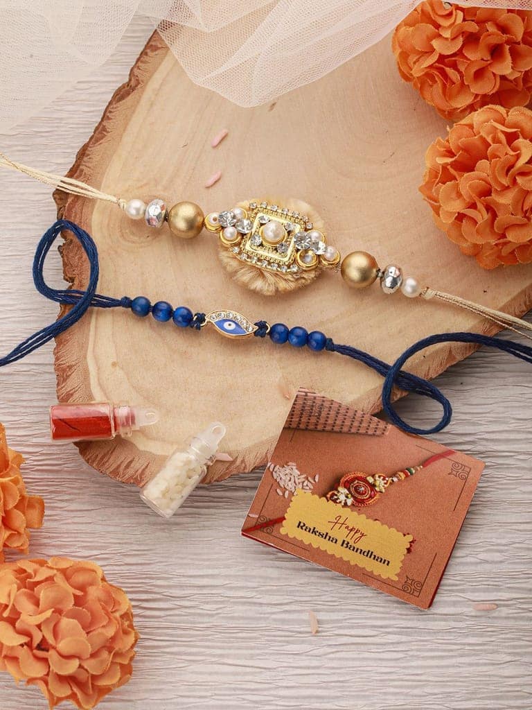 Set Of 2 Evil Eye & Stone Studded Traditional Handcrafted Thread Rakhi With Roli Chawal view 3