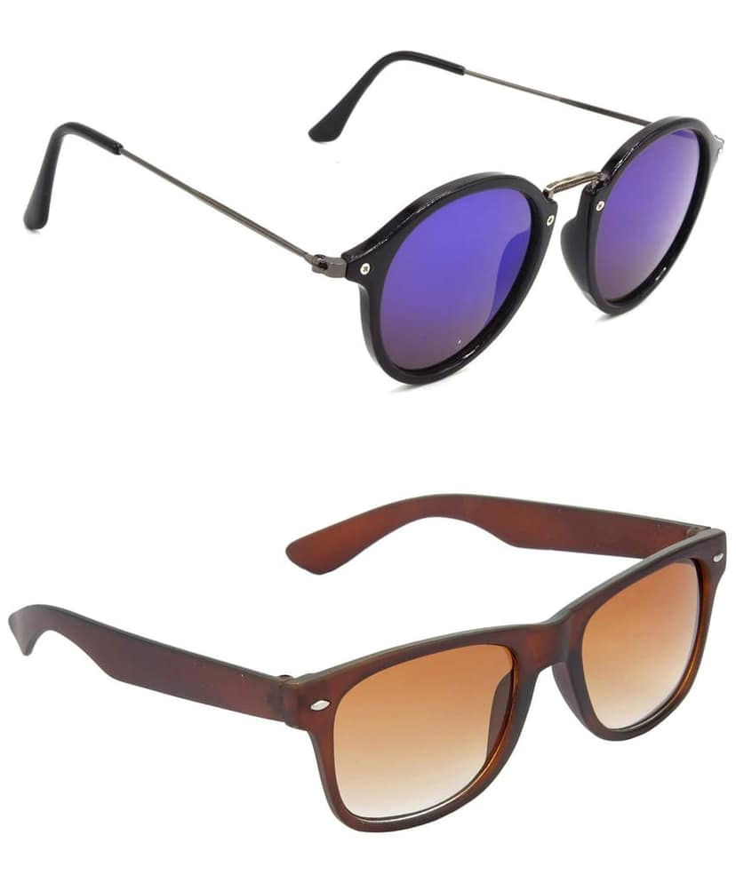 HRINKAR Unisex Round Sunglasses Grey & Brown Frame, Violet & Brown Lens (Medium) - Pack of 2