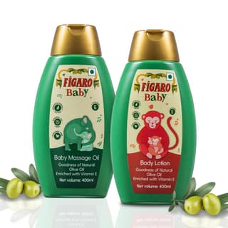 Figaro Baby Massage Oil with Goodness of Natural Olive oil enriched with vitamin E 400 ml&Figaro Baby Lotion with Goodness of Natural Olive oil enriched with vitamin E, Dermatologically tested 400 ml Figaro Baby Massage Oil with Goodness of Natural Olive