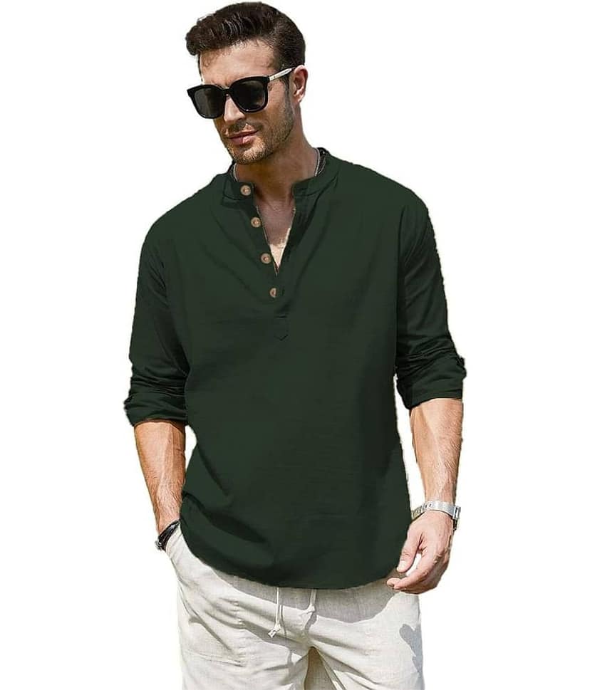 UNI VIBE Dark Green Cotton Men's Shirt Style Kurta ( Pack of 1 )