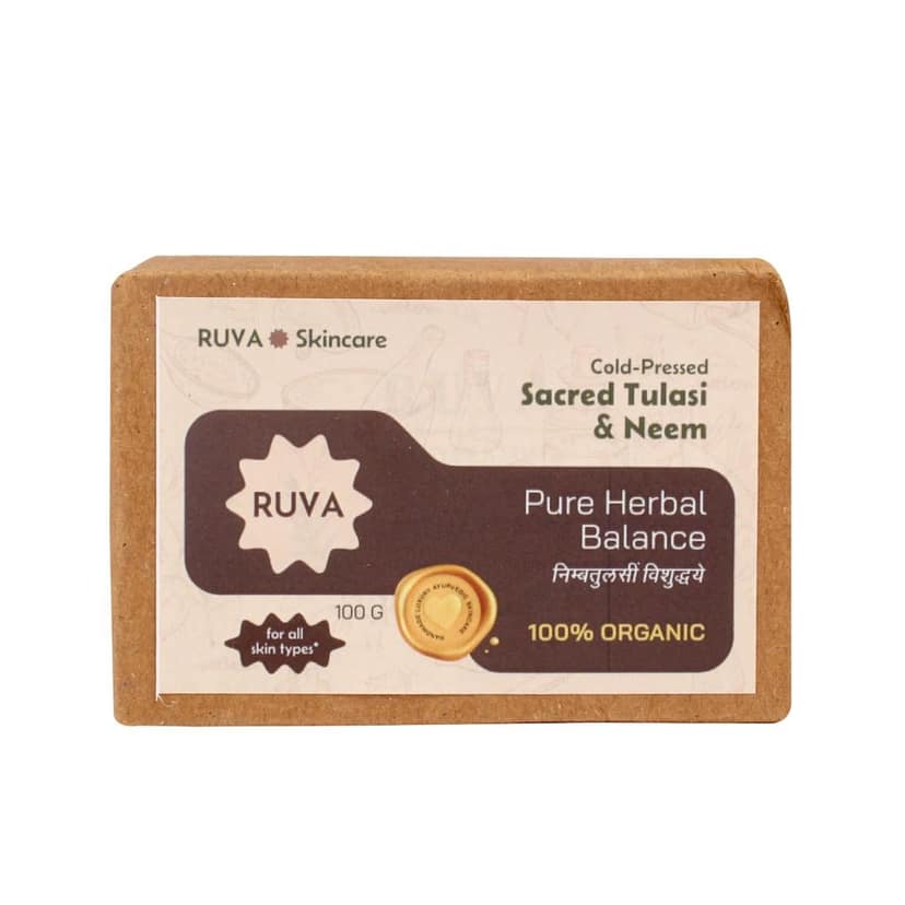 RUVA Handmade Sacred Tulasi & Neem Cold-Pressed Ayurvedic Soap Bar with Pure Neem Extract | Daily Ritual, Balanced Skin | Velvety Lather, Face Safe | Ritual Skincare for All Skin Types