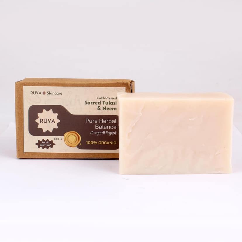 RUVA Handmade Sacred Tulasi & Neem Cold-Pressed Ayurvedic Soap Bar with Pure Neem Extract | Daily Ritual, Balanced Skin | Velvety Lather, Face Safe | Ritual Skincare for All Skin Types view 4