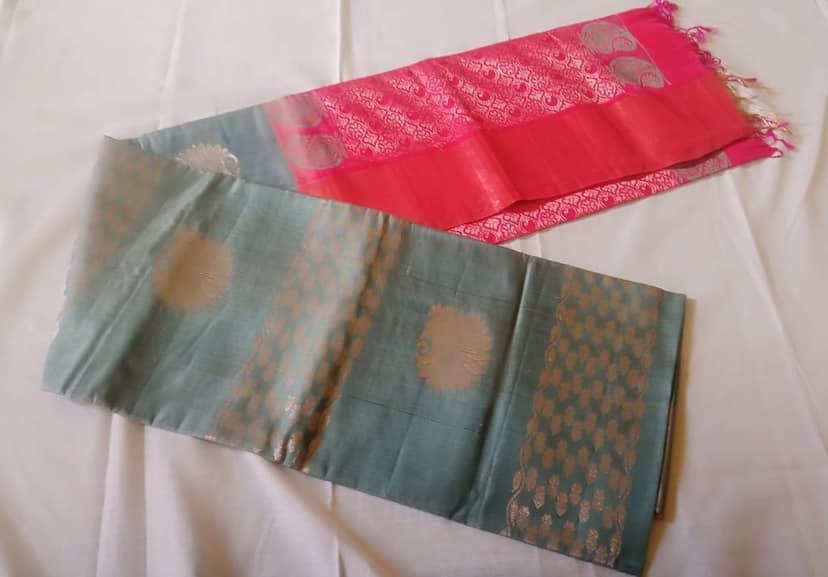 Uppada Green Saree With Golden Bawan Booti Work And Pink Border view 2