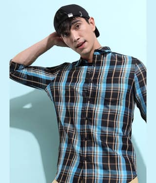 Ketch Cotton Blend Slim Fit Checks Full Sleeves Men's Casual Shirt - Blue ( Pack of 1 )
