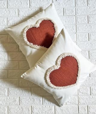 Indihomecraft Handicraft Cotton Cushion Cover - Hand Embroidery Decorative Art Boho Pillow Heart Shape Pillow Cover | Hand Stitch Square Shape 18X18 Inches Cushion Cover, Set of 2