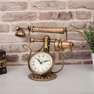 DECORIEE Handpainted Vintage Telephone Table Clock | Royal Metal Analog Decorative Desk Clock for Living Room, Home & Office Decor