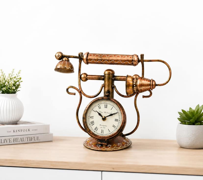 DECORIEE Handpainted Vintage Telephone Table Clock | Royal Metal Analog Decorative Desk Clock for Living Room, Home & Office Decor view 2
