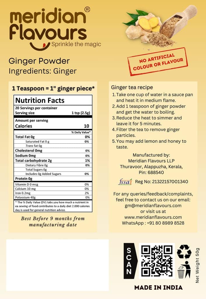 Meridian Flavours Dehydrated Ginger Powder | Washed and Cleaned Without Outer Skin | 100% Natural and Preservatives Free | (Ginger Powder, 50gm) view 4