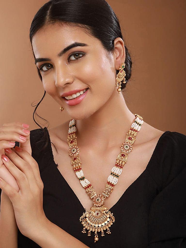 Gold Plated Fusion Stone Studded Filigree Long Maala Bridal Jewellery Set view 2