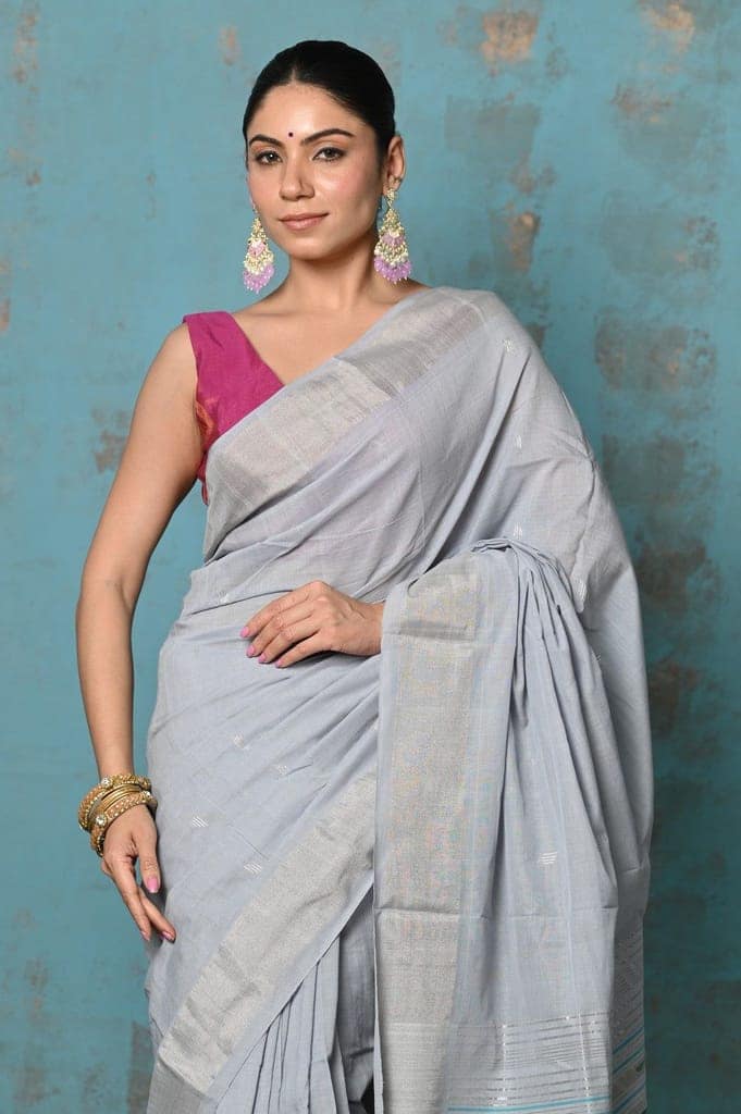 Tyohaar ~ Handloom Pure Cotton Paithani With Asawali Pallu ~ Grey view 5