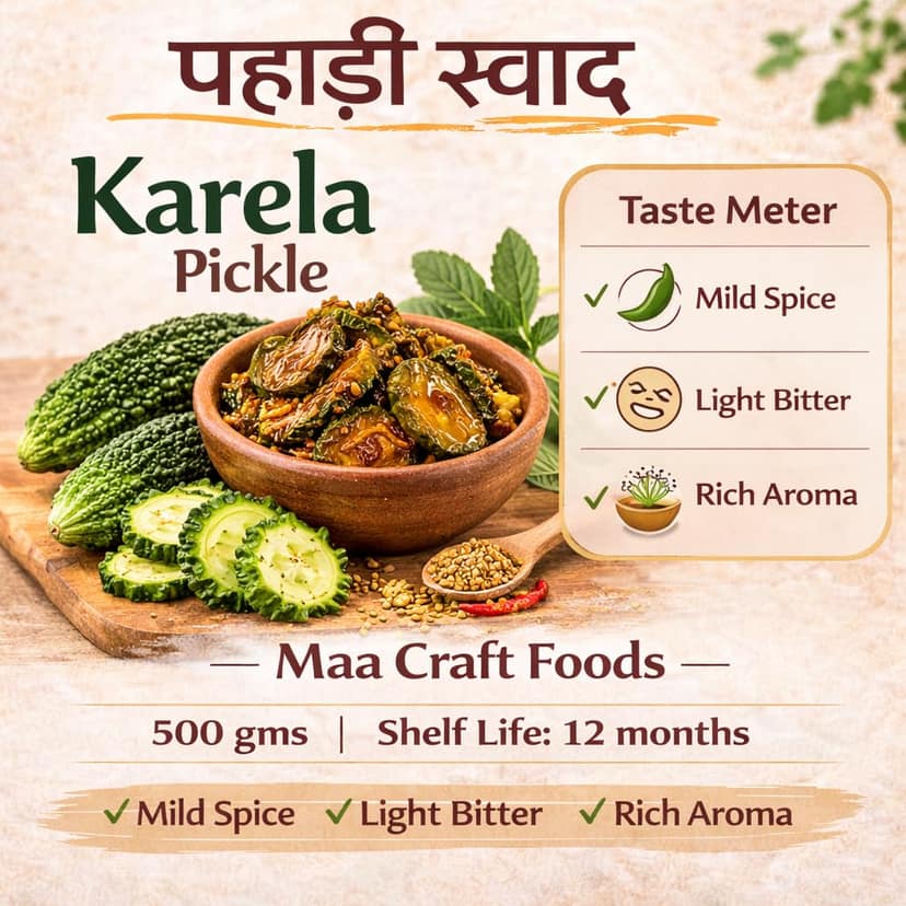 Maa Craft Karela Pickle (Bitter Gourd Achaar) | Traditional Indian Homemade Pickle | Himalayan Crafted | Spicy & Tangy | No Artificial Flavours | 500g view 5