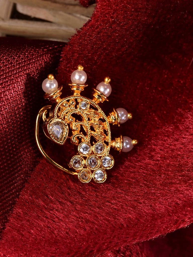 Gold Plated White Stone Studded & Beaded Motyanchi Nath Nosepin view 2