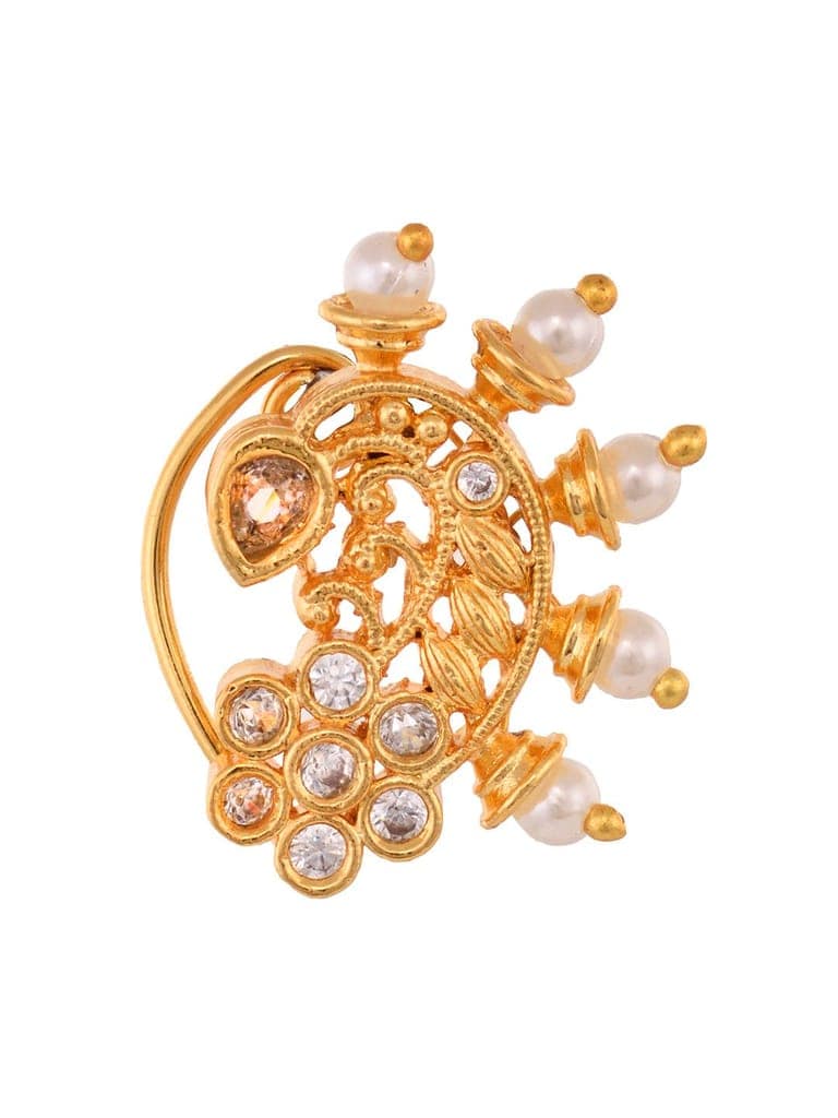 Gold Plated White Stone Studded & Beaded Motyanchi Nath Nosepin view 3