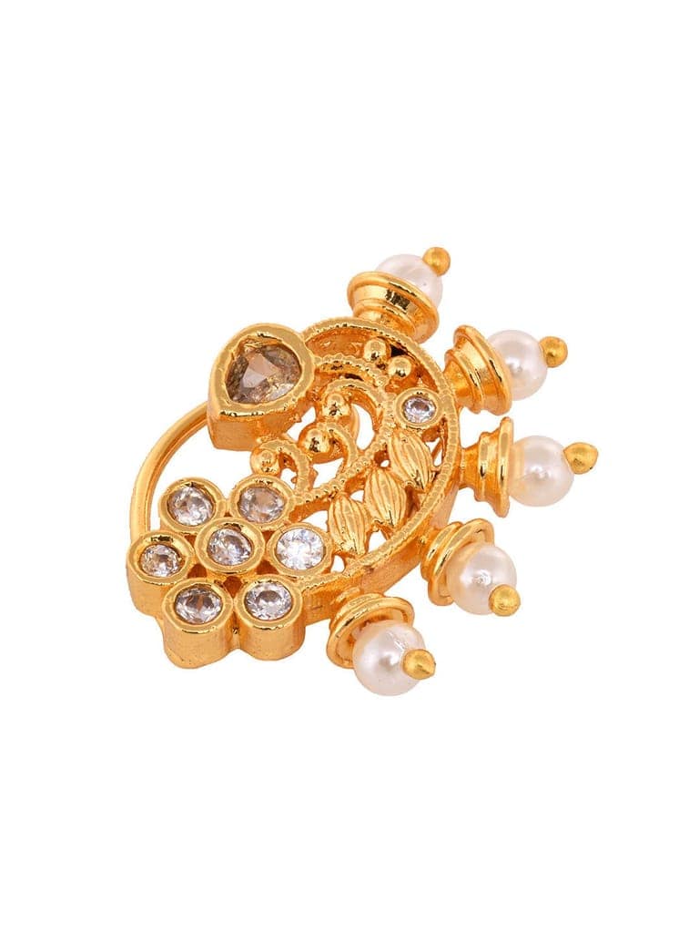 Gold Plated White Stone Studded & Beaded Motyanchi Nath Nosepin view 4