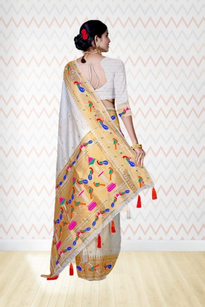 Semi Silk Paithani Saree Off White view 2