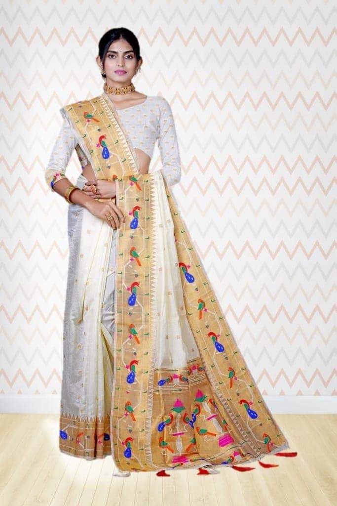 Semi Silk Paithani Saree Off White view 3