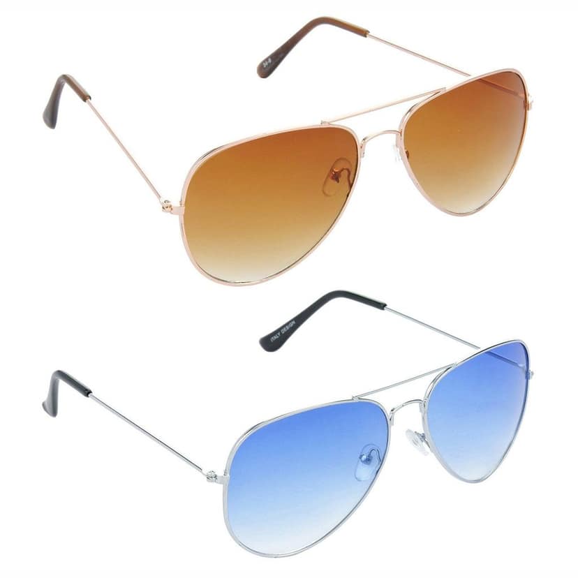 HRINKAR Men Women Boys & Girls Pilot Sunglasses Golden & Silver Frame, Brown & Blue Lens (Medium) Pack of - 2