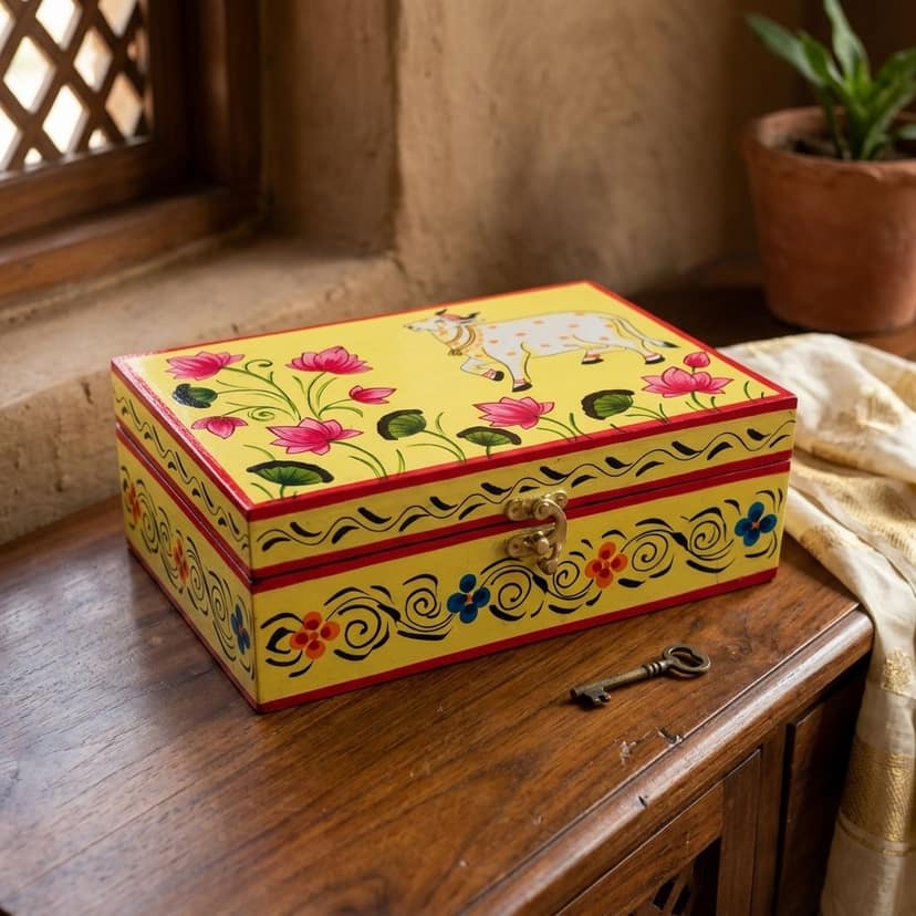 Hand Painted Pichwai Art Wooden Yellow Color Rectangle shape Storage Box view 2