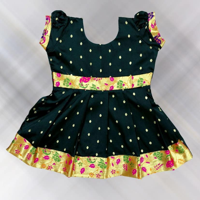 luster Black Frock with Kite Embroidery for Makara Sankranti (Age 3M to 5Y) (Raw Silk & Brokat, 6-12 Months) view 2
