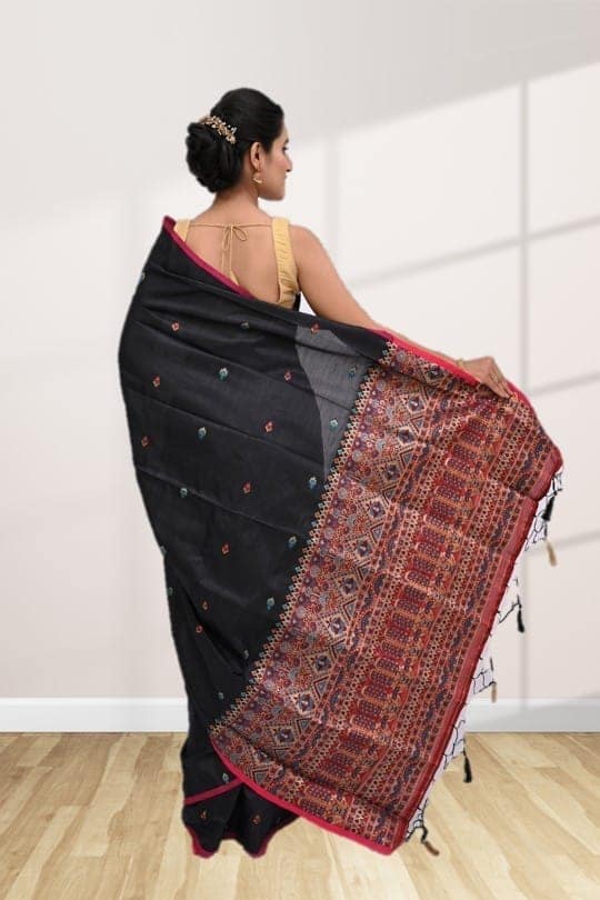 Black Tussar Silk Saree with Contrast Border view 2