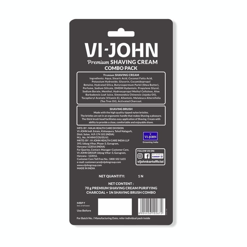 VI-JOHN Purifying Charcoal Premium Shaving Cream Enriched With Aloevera & Jojoba Oil and Shaving Brush From Paraben-70g (Pack of 12) view 2