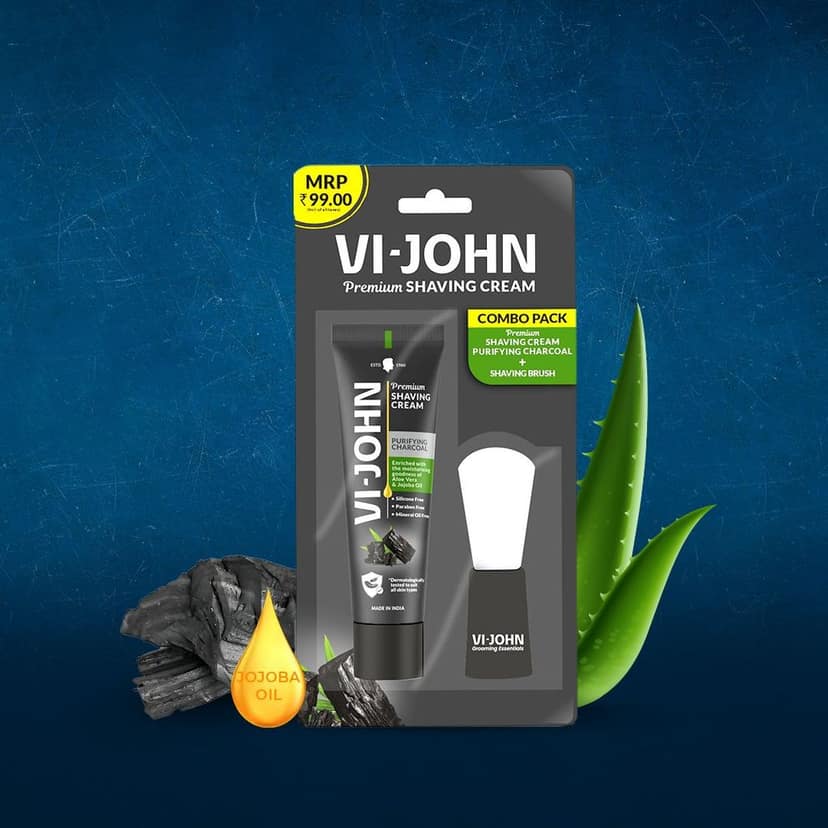 VI-JOHN Purifying Charcoal Premium Shaving Cream Enriched With Aloevera & Jojoba Oil and Shaving Brush From Paraben-70g (Pack of 12) view 3