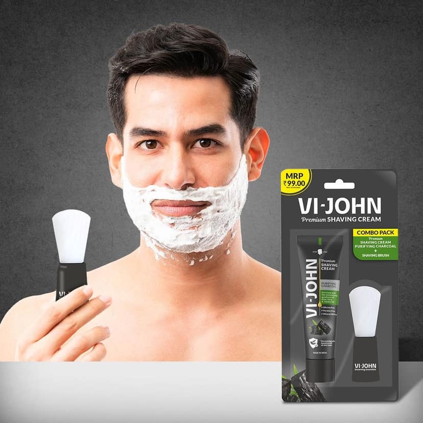 VI-JOHN Purifying Charcoal Premium Shaving Cream Enriched With Aloevera & Jojoba Oil and Shaving Brush From Paraben-70g (Pack of 12) view 4