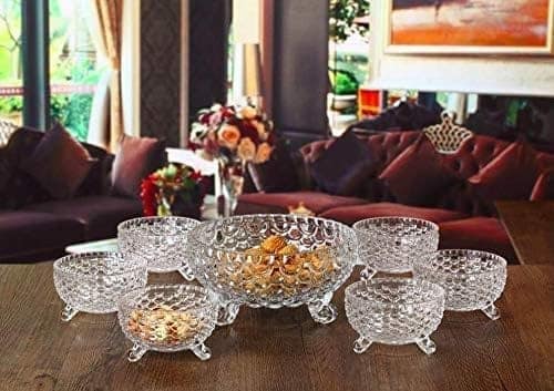 Crystal Glass Serving Bowl Set of 7 pcs with 1 Large Bowl & 6 Small Bowls for Serving Snacks, Pudding, Dessert, Fruits and Kitchen Purpose (Fish Design)