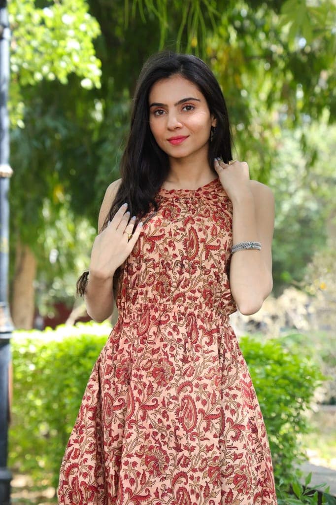 Pure Cotton Halter Neck Midi Orange Dress Hand Block Printed (Size: 38-46)-7067 view 3