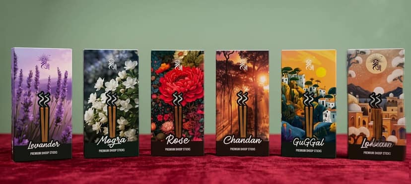 Shri Shriji Flam the Aromatic peace 6 in1 Combo Pack- Rose,Mogra,Levender,Lobhan,Gugga ,Chandan, 100 grams each 45 sticks in each