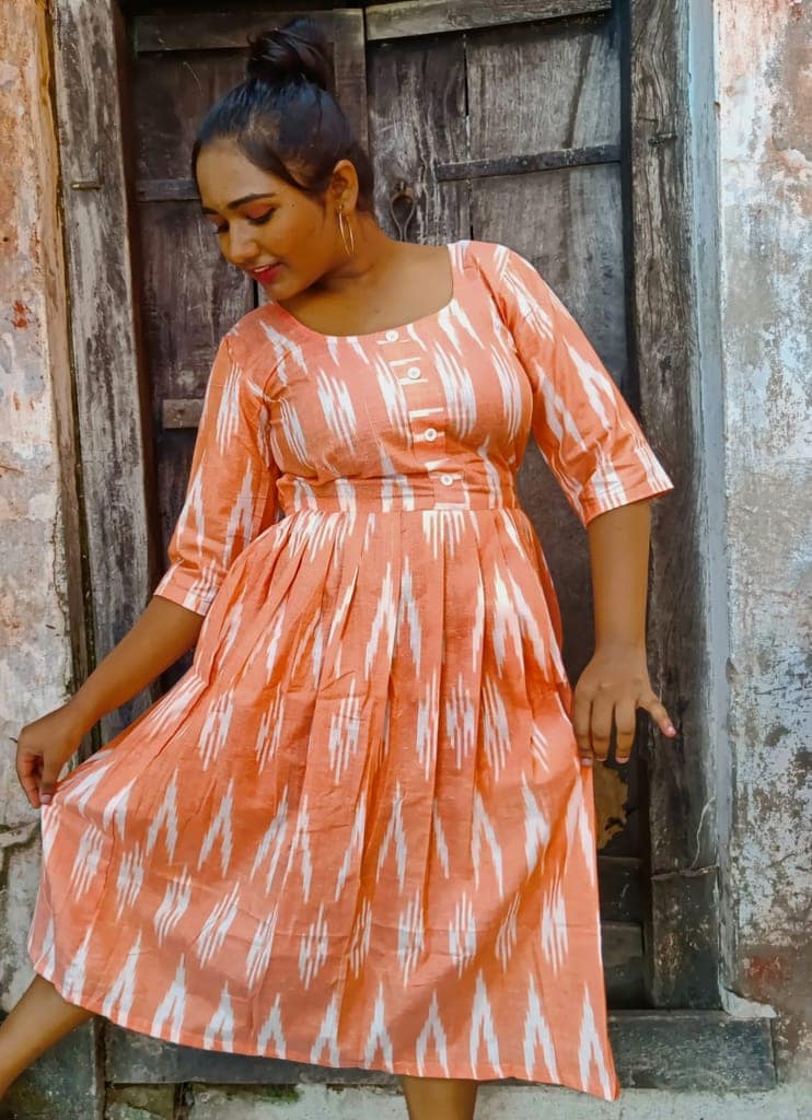 Pure Cotton Ikkat Dress Orange Colour (Size XXS(32) to Plus Size(56))-2042 view 3