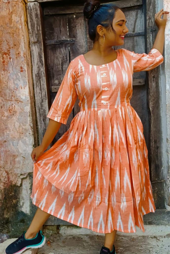 Pure Cotton Ikkat Dress Orange Colour (Size XXS(32) to Plus Size(56))-2042 view 4